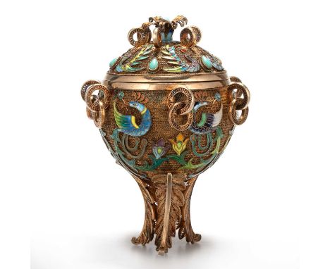 A CHINESE SILVER-GILT FILIGREE AND ENAMEL CENSER early 20th Century, decorated with exotic birds. 10.5cm high, 4.8 troy ounce
