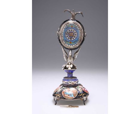 A VIENNESE SILVER AND ENAMEL TABLE CLOCK, LAST QUARTER 19TH CENTURY the ovoid clockcase surmounted by a bird with spread wing