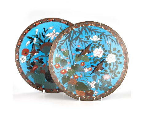 A PAIR OF JAPANESE CLOISONNÉ ENAMEL CHARGERS, MEIJI PERIOD each decorated with birds and flowering prunus on a blue ground. (
