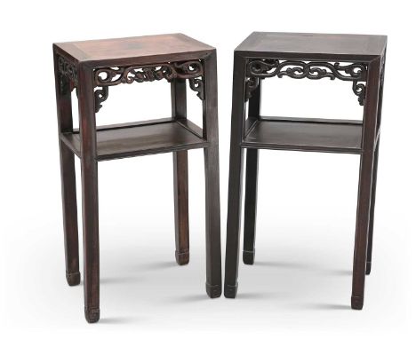 A PAIR OF CHINESE HARDWOOD JARDINIERE STANDS, EARLY 20TH CENTURY each with rectangular top above a pierced frieze, the square