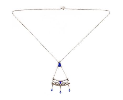 AN ARTS AND CRAFTS SILVER AND ENAMEL PENDANT NECKLACE, BY CHARLES HORNER Chester 1908, the pierced scrolling mount centred by