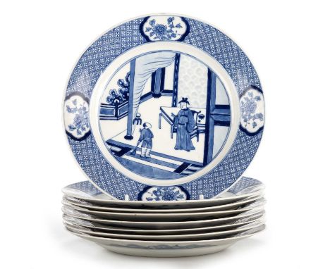 EIGHT CHINESE BLUE AND WHITE PORCELAIN PLATES, CHENGHUA MARKS BUT KANGXI circular, each painted with figures at the centre me