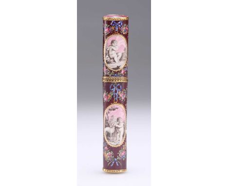 A GOLD AND ENAMEL SEALING WAX CASE, LATE 18TH CENTURY of flattened tube-form, decorated with four reserves depicting cherubs,