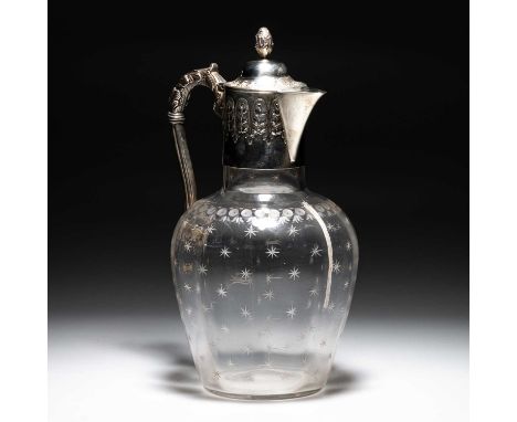 A VICTORIAN SILVER-MOUNTED ETCHED-GLASS CLARET JUG by Mappin &amp; Webb Ltd, London 1898, the glass body etched with scattere