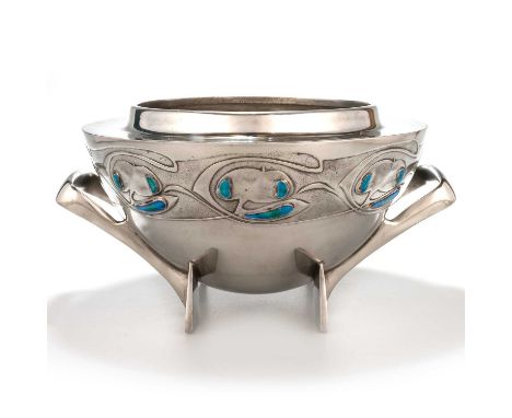 ARCHIBALD KNOX (1864-1933) FOR LIBERTY & CO, A TUDRIC PEWTER AND ENAMEL ROSE BOWL no. 0229, with supporting handles forming t