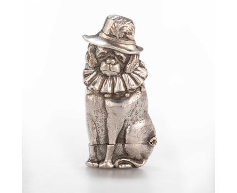 A VICTORIAN NOVELTY SILVER VESTA CASE, MODELLED AS MR. PUNCH'S DOG, 'TOBY' maker's mark rubbed, London 1882. 6cm highThe mark