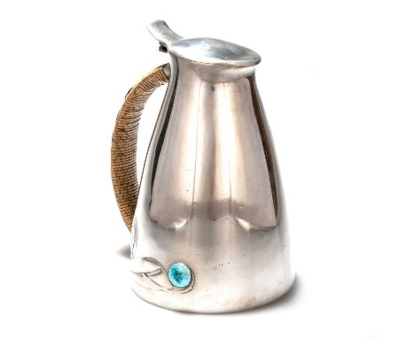ARCHIBALD KNOX (1864-1933) FOR LIBERTY & CO, A TUDRIC PEWTER AND ENAMEL WATER JUG no. 0307, tapering form, plain hinged lid a