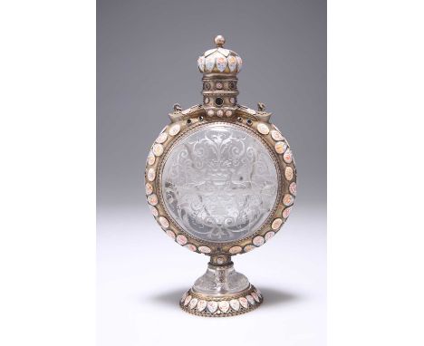 A VIENNESE ENAMEL, SILVER-GILT AND ROCK CRYSTAL PILGRIM FLASK, BY HERMANN RATZERSDORFER, CIRCA 1860 the domed screw lid openi