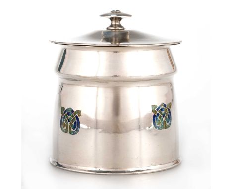ARCHIBALD KNOX (1864-1933) FOR LIBERTY & CO, A SILVER AND ENAMEL JAR by Liberty &amp; Co, Birmingham 1920, circular, picked o