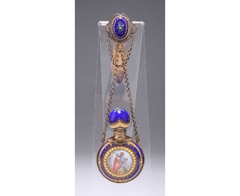 A FRENCH SILVER AND ENAMEL SCENT BOTTLE, MID-19TH CENTURY of round-form, the centre decorated with a courting couple within a