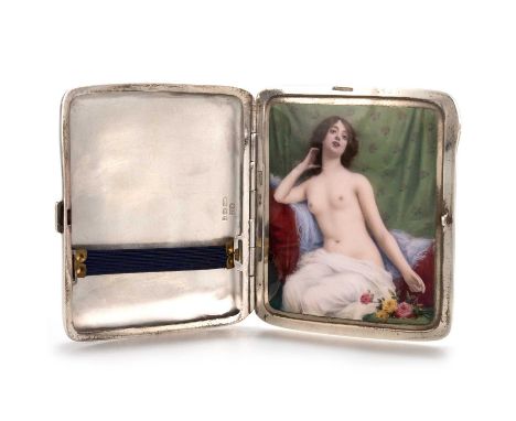 AN UNUSUAL CONTINENTAL SILVER AND ENAMEL CIGARETTE CASE import marks, Walter Henry Marks &amp; Samuel Tobias Cohen,  Birmingh