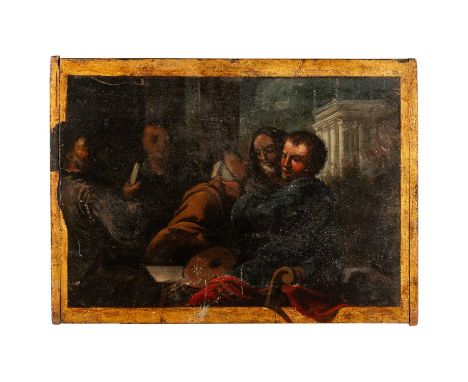 18TH/19TH CENTURY OLD MASTER SCHOOL FIGURES OUSIDE A TEMPLE WITH MUSICAL INSTRUMENTS  Oil on panel   33cm x 45cm