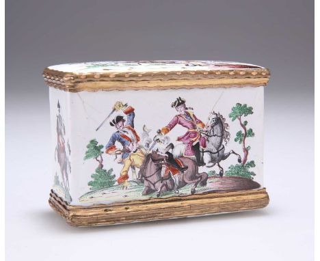A RARE GERMAN ENAMEL DOUBLE-OPENING SNUFF BOX, FREDERICK THE GREAT, CIRCA 1730 rectangular, each side painted with battle sce