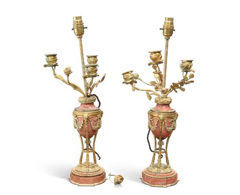 A PAIR OF 19TH CENTURY GILT-METAL MOUNTED MARBLE TABLE LAMPS each urn-form cassolette is mounted with ribbon-tied floral garl