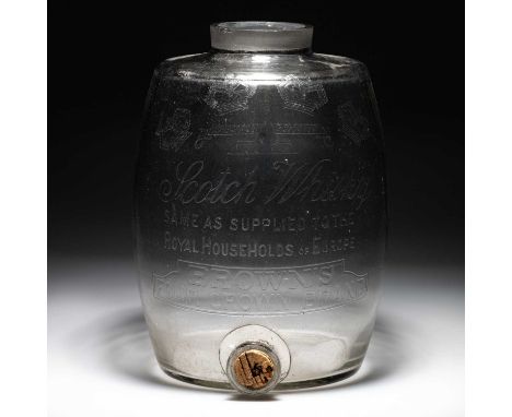 A RARE BROWN'S FOUR CROWN SCOTCH WHISKY GLASS BARREL 32cm highA few chips around the top rim. No cracks. Presents very well.