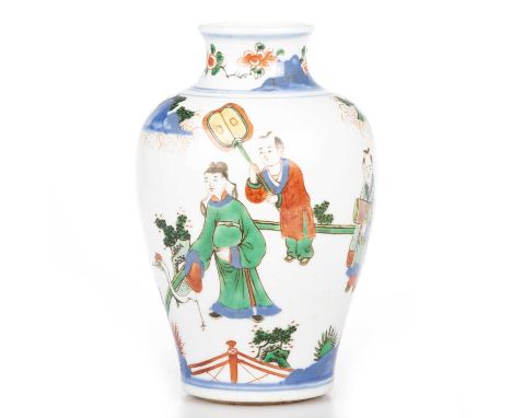 A CHINESE WUCAI FERTILITY VASE, SHUNZHI/KANGXI the baluster body is painted with a lady and child flanked by an attendant wit