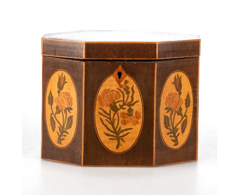 A GEORGE III INLAID PARTRIDGE WOOD TEA CADDY lozenge-shaped, decorated with flowers to four oval reserves. 15cm wide