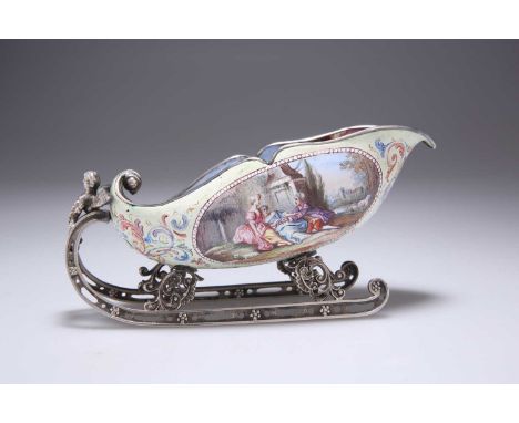 A VIENNESE ENAMEL AND SILVER MINIATURE SLEIGH by Ludwig Pollitzer, c.1875, of scrolling outline supported on runners headed b