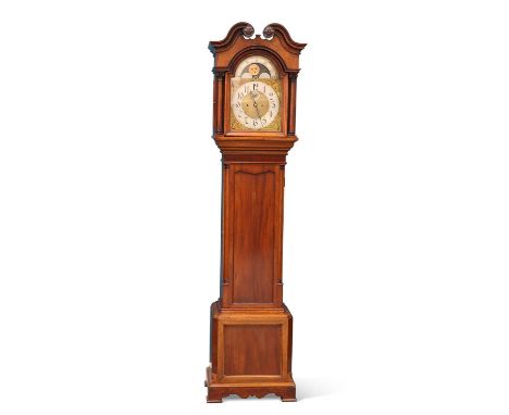 A MAHOGANY 8-DAY LONGCASE CLOCK, BY RUSSELLS LTD OF LIVERPOOL, CIRCA 1900 the hood with swan-neck pediment and columns, the t