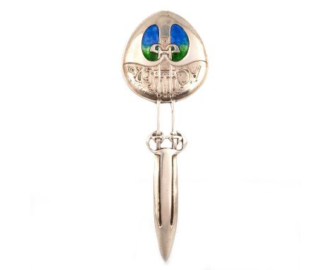 ARCHIBALD KNOX (1864-1933) FOR LIBERTY & CO, A SILVER AND ENAMEL CORONATION SPOON  marked "CYMRIC", Birmingham 1901, the poin