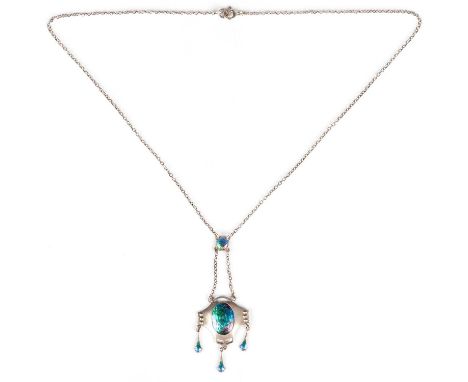 AN ARTS AND CRAFTS SILVER AND ENAMEL PENDANT NECKLACE, BY CHARLES HORNER Chester 1910, the shield-shaped pendant set with a t