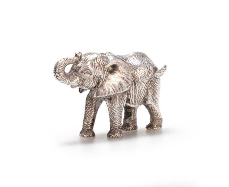 PATRICK MAVROS: A SILVER SCULPTURE OF A FEMALE CALF ELEPHANT, "KAUME" signed and titled, modelled with an upturned trunk. 5cm