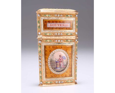 A SWISS GOLD-MOUNTED ENAMELLED CARNET DE BAL, PROBABLY GENEVA, CIRCA 1780 slightly tapering rectangular étui-à-tablettes, of 