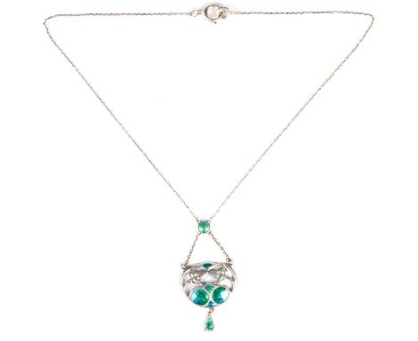 AN ARTS AND CRAFTS SILVER AND ENAMEL PENDANT NECKLACE, BY CHARLES HORNER Chester 1909, the pierced and shaped oval mount fill