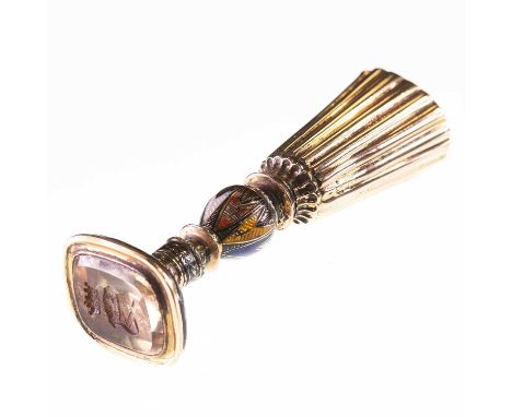 A SWISS 18 CARAT YELLOW GOLD AND ENAMEL SEAL, CIRCA 1820 the tapering reeded handle with floral enamelled top, the stem and b