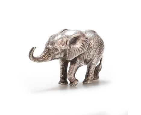 PATRICK MAVROS: A SILVER SCULPTURE OF A MALE CALF ELEPHANT, "BOY" signed and titled, modelled with an outstretched trunk. 5.6