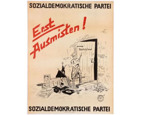 Original vintage World War Two propaganda poster: Erst Ausmisten! Shows Germany being cleared from the Nazi memorabilia and H