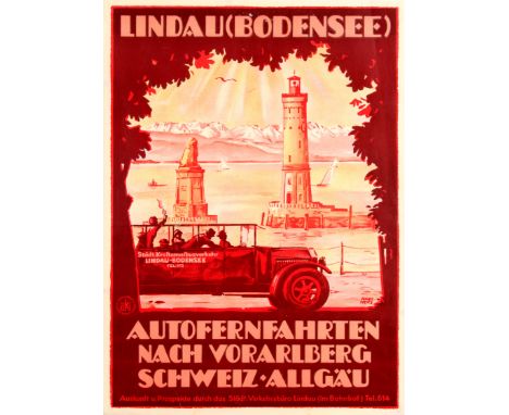 Original vintage travel advertising poster in German promoting car ferry trips to Vorarlberg in Austria and Switzerland from 