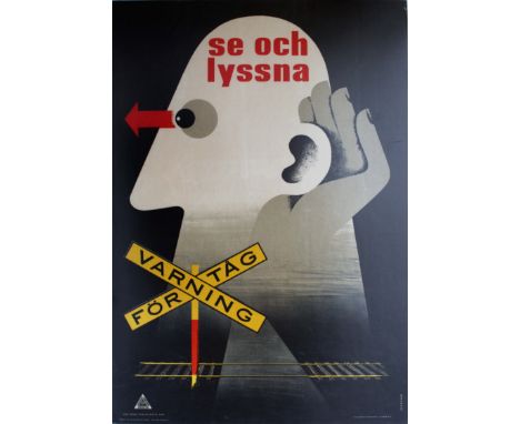 Original vintage safety poster: Listen for the Train at Crossings. Mid-century modern design of a stylised man looking out sh