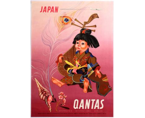 Original vintgae travel advertising poster: Japan - Qantas. Qantas Airways is the flag carrier of Australia and its largest a