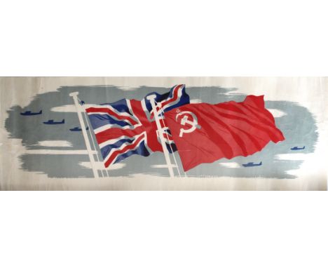 Original vintage World War Two poster featuring planes flying behind two large flags: the Union Jack of the United Kingdom (U