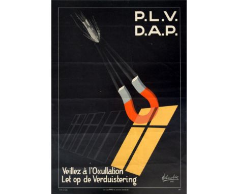 Original vintage World War Two poster: Don't attract bombs during the blackout - veillez a l'occultation, let op de verduiste