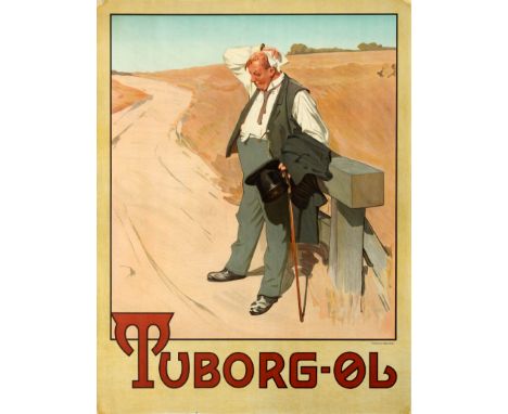 Original antique alcohol drink advertising poster for the Danish beer Tuborg featuring the iconic image of The Thirsty Man by