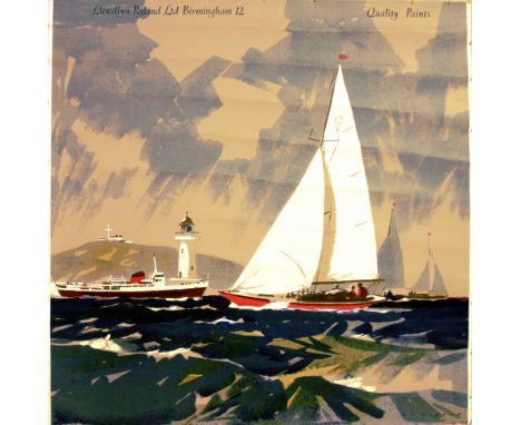 Original vintage poster of a boat sailing by a lighthouse designed by L Wilcox. Rylard Marine Coatings - Quality Paints, Llew