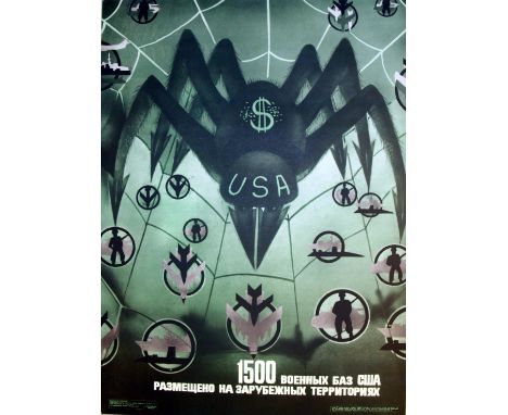 Original vintage propaganda poster: USA - Military Spiderweb - 1500 army bases on foreign territories. Good condition, one te