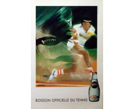 Original vintage poster for a tennis match, officially sponsored by Perrier water drink featuring a dynamic image of a tennis