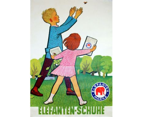 Original vintage advertising poster for Elephanten Schuhe (Elephant Shoes). Mid-century design featuring two children playing