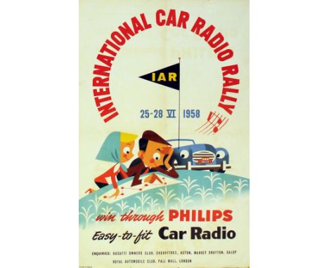 Original vintage sports poster for the International Car Radio Rally, 25-28 June 1958. Win through Philips, easy-to-fit car r