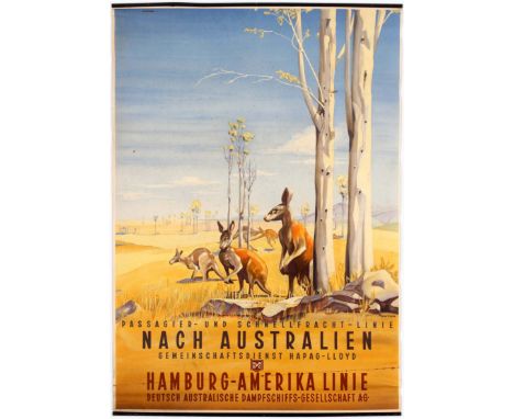 Original vintage travel poster advertising cruise services to Australia: passagier und schnellfracht linie nach Australien ge