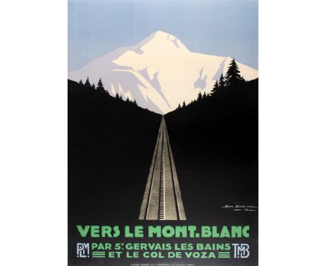 Complete are rare set of three lithogrph posters of Mont Blanc Mountain at different times of the day. Original vintage trave