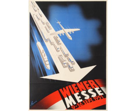 Original vintage advertising poster for the Wiener Messe / Vienna Fair held 9-16 September 1951. Dynamic mid-century modern d