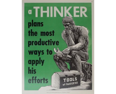 Original vintage propaganda poster: "a thinker plans the most productive ways to apply his efforts" featuring a sculpture of 
