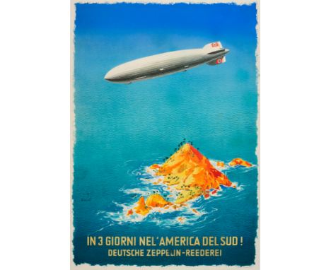 Original vintage travel advertising poster: In 3 days to South America! German Zeppelin Shipping Company / In 3 giorni nel&ac