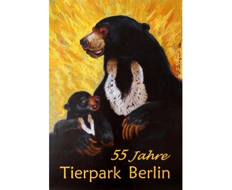 Original vintage advertising poster promoting 55 Year's of Tierpark Zoo in Berlin. This colourful poster features a fantastic
