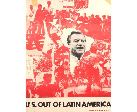 Original vintage propaganda poster distributed by AVILA: U.S. out of Latin America. This poster features a monochrome photomo