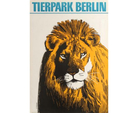 Original vintage travel advertising poster for the Berlin Zoo (Tierpark Berlin; founded 1955) featuring a great stylised illu